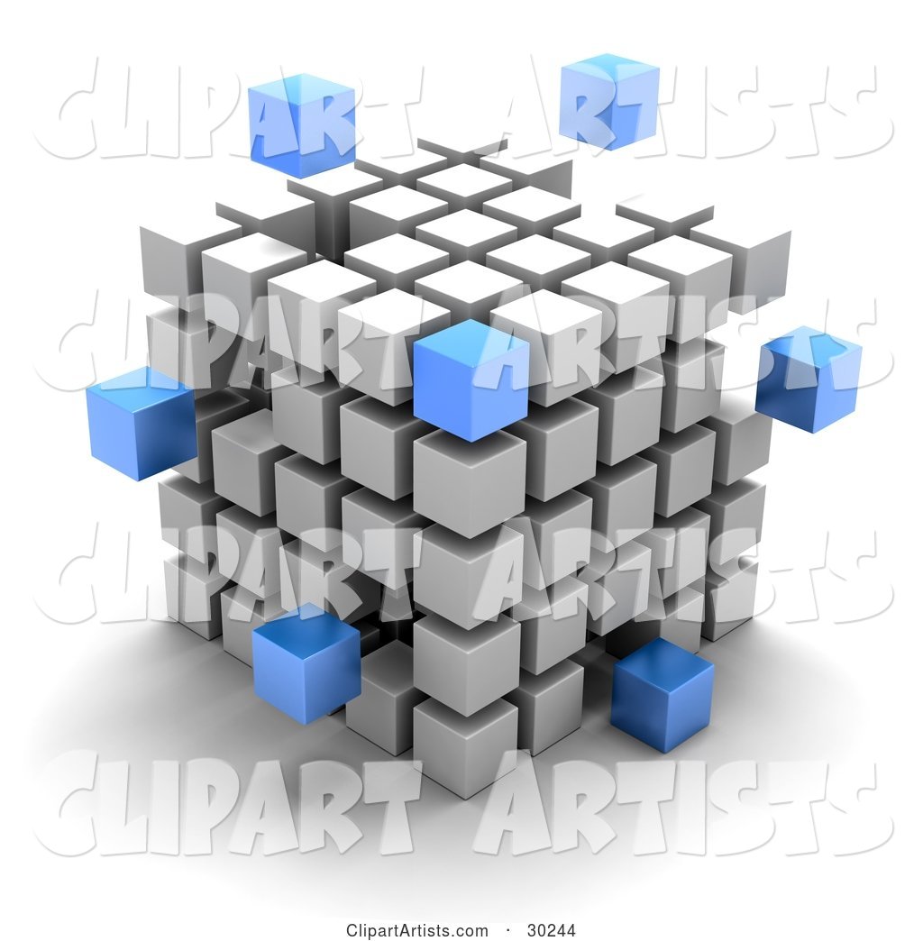 Blue Cubes Floating Outside a Large Cube Created with White Cubes, Symbolizing Leadership and Individuality