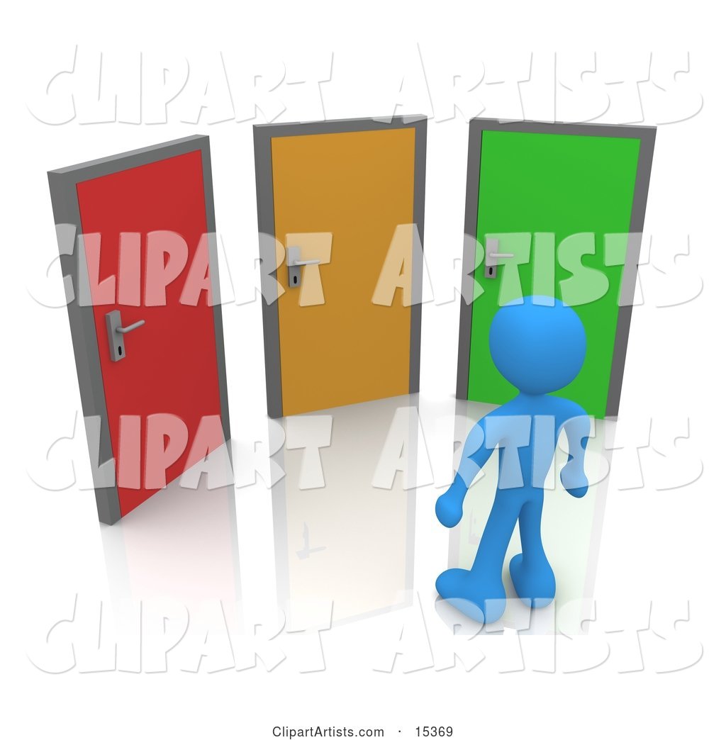 Blue Figure Standing in Front of Three Different Colored Doors, Symbolizing Different Paths to Take for Job Opportunities or Life Choices