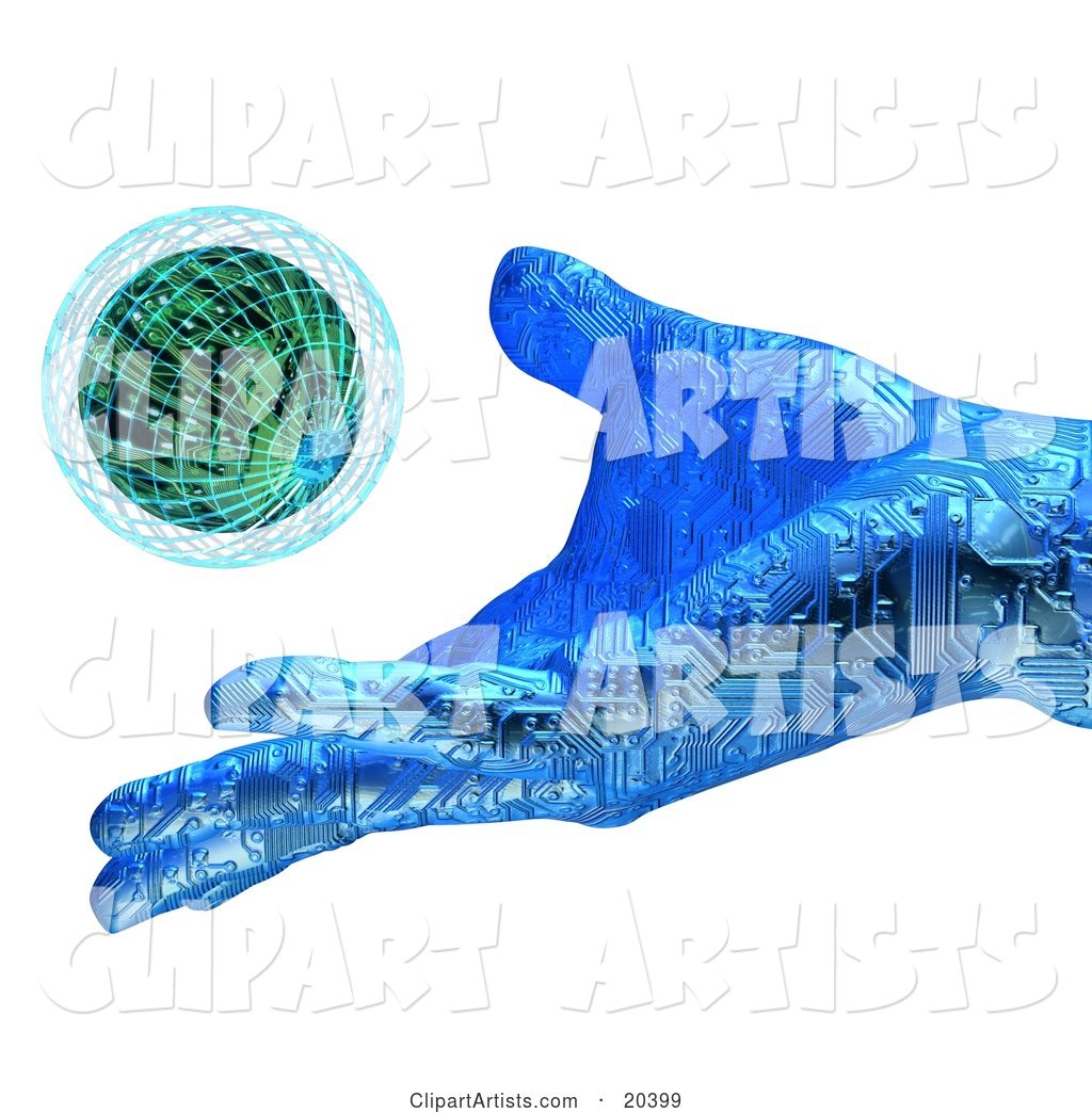 Blue Hand with Circuits, Releasing a Small Planet into the Atmosphere, Symbolizing Creation and Environment