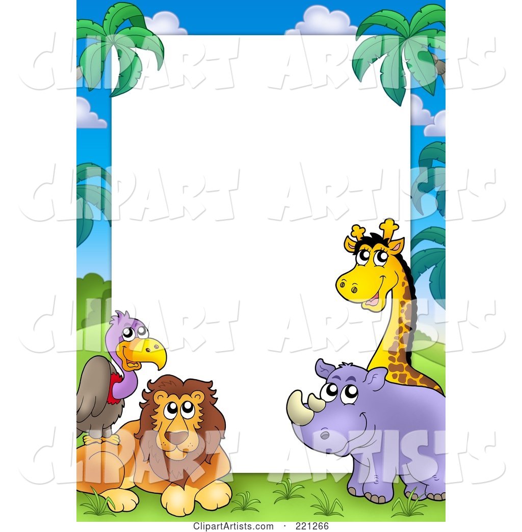 Border Frame of a Vulture, Lion, Rhino and Giraffe Around White Space