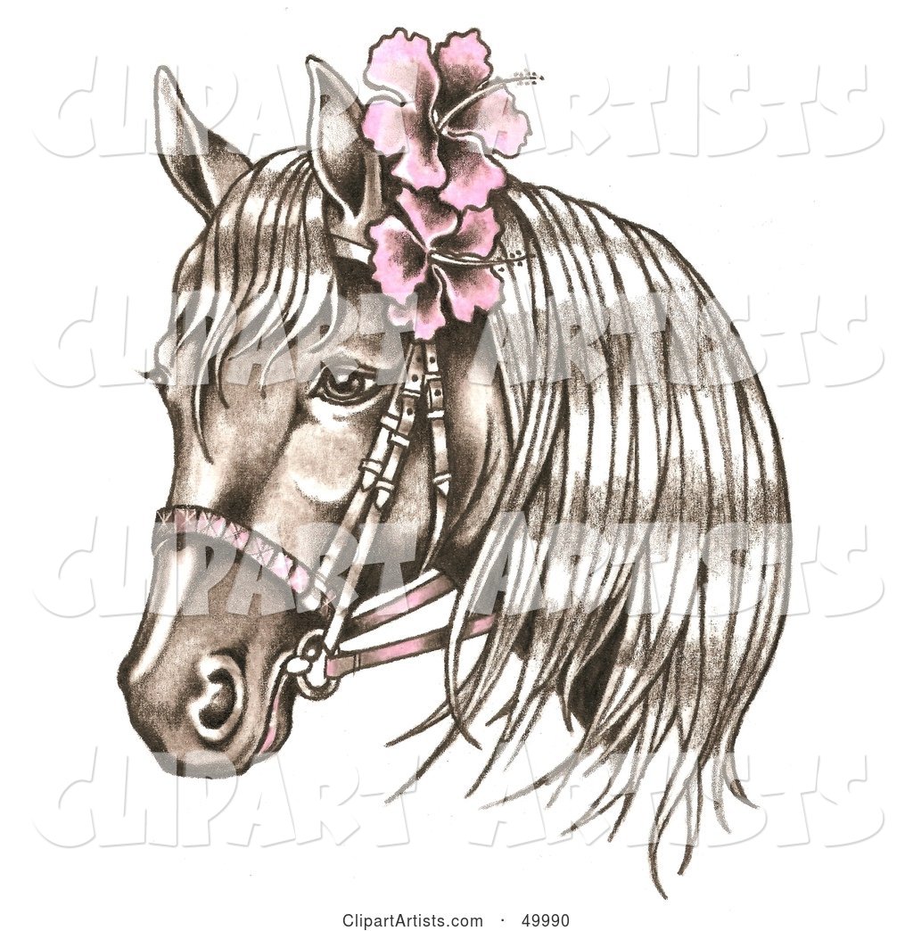 Bridled Horse Wearing Pink Hibiscus Flowers in Its Mane