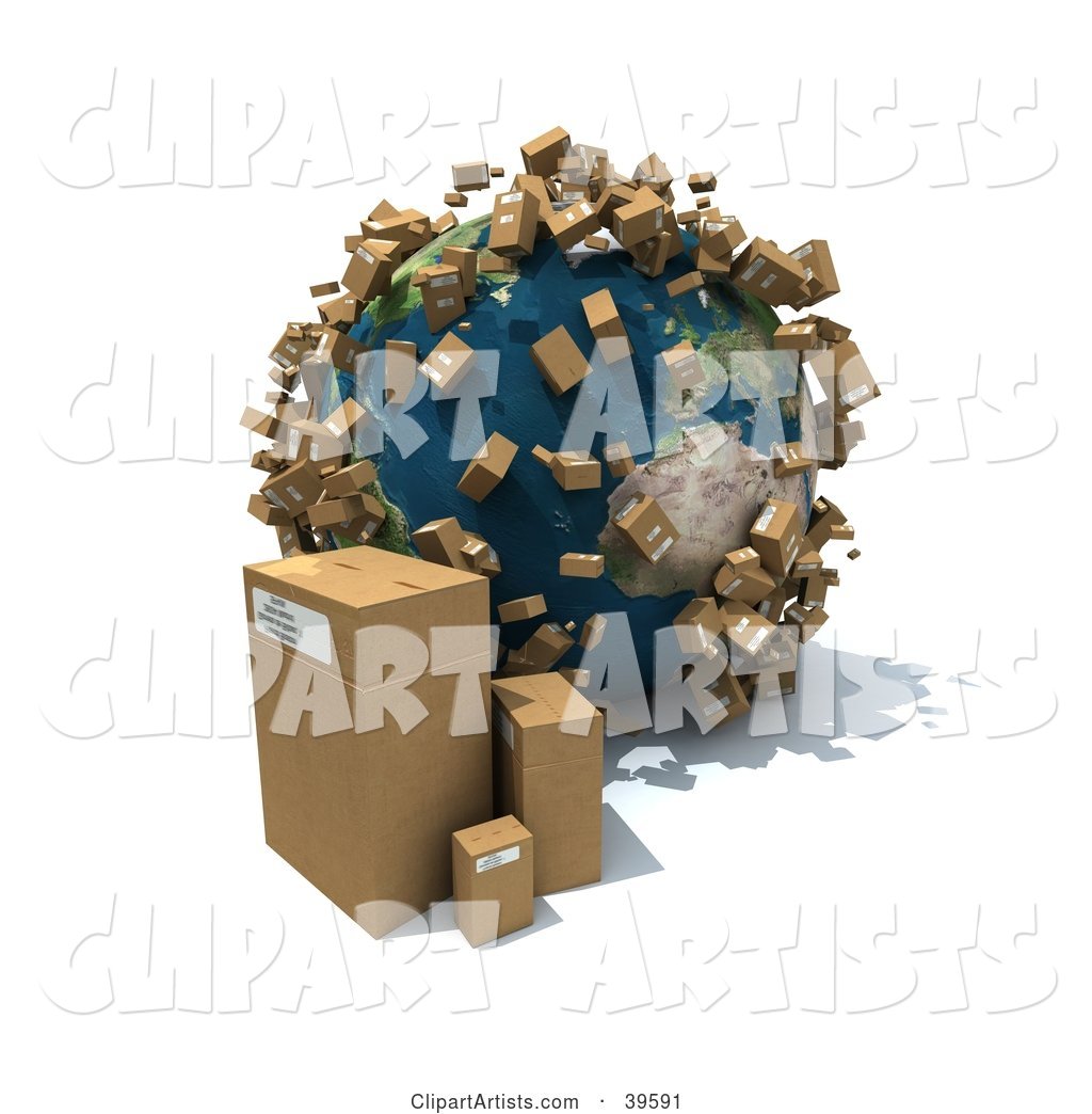 Cardboard Boxes Beside and Popping up Around Planet Earth