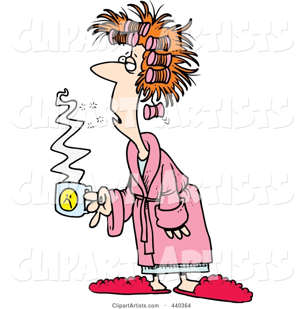 Cartoon Tired Woman with Bad Hair, Holding Coffee