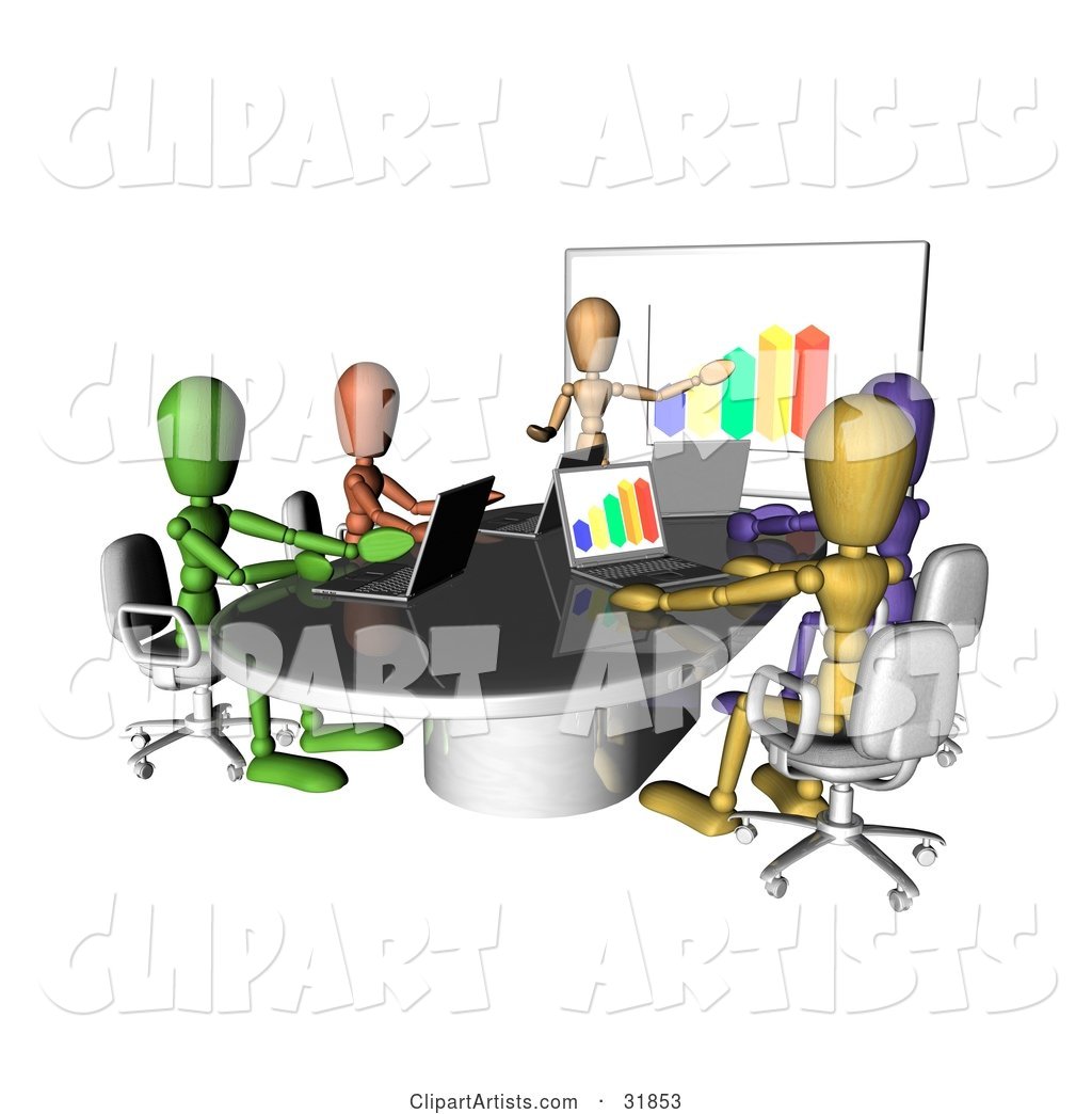 Colorful and Diverse Dummy Figures Using Laptops and a Bar Graph on a Board in a Meeting