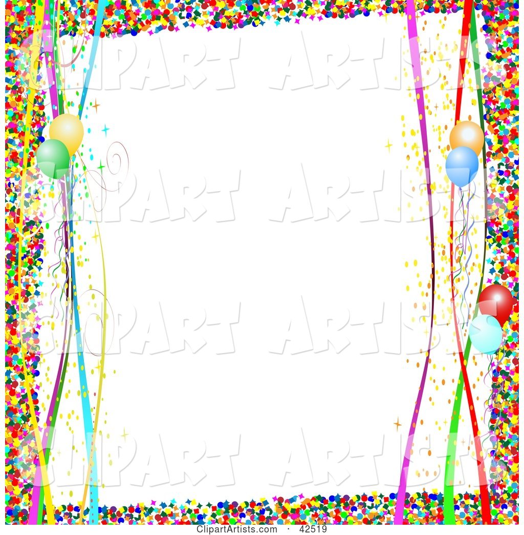 Colorful Confetti Border with Streamers and Balloons on White