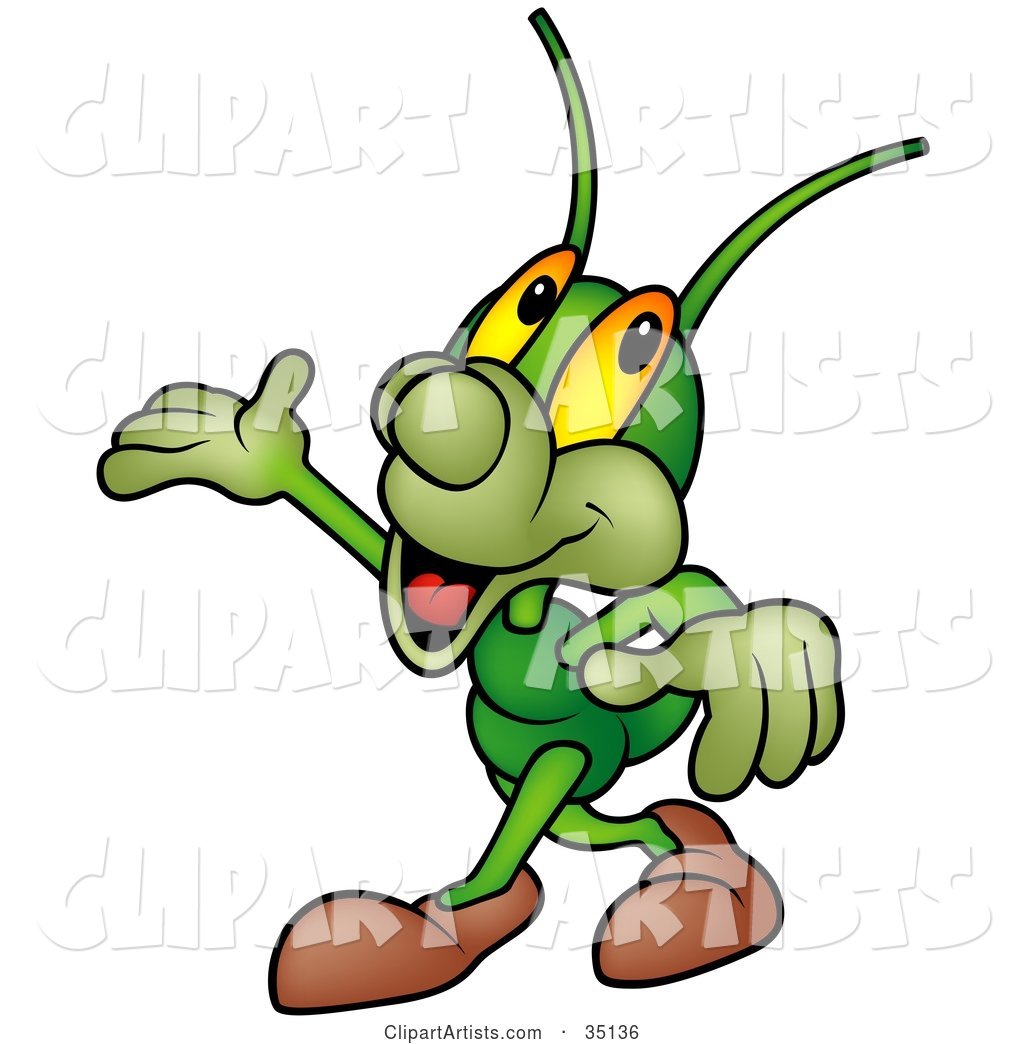 Confident Green Cricket Smiling and Gesturing with His Hand
