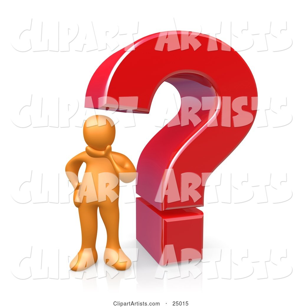 Confused Orange Person Rubbing His Chin and Standing Beside a Large Red Question Mark