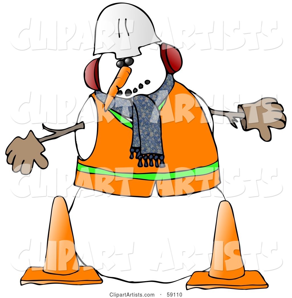 Construction Worker Snowman in Warm Clothes and a Hard Hat, Standing Behind Cones