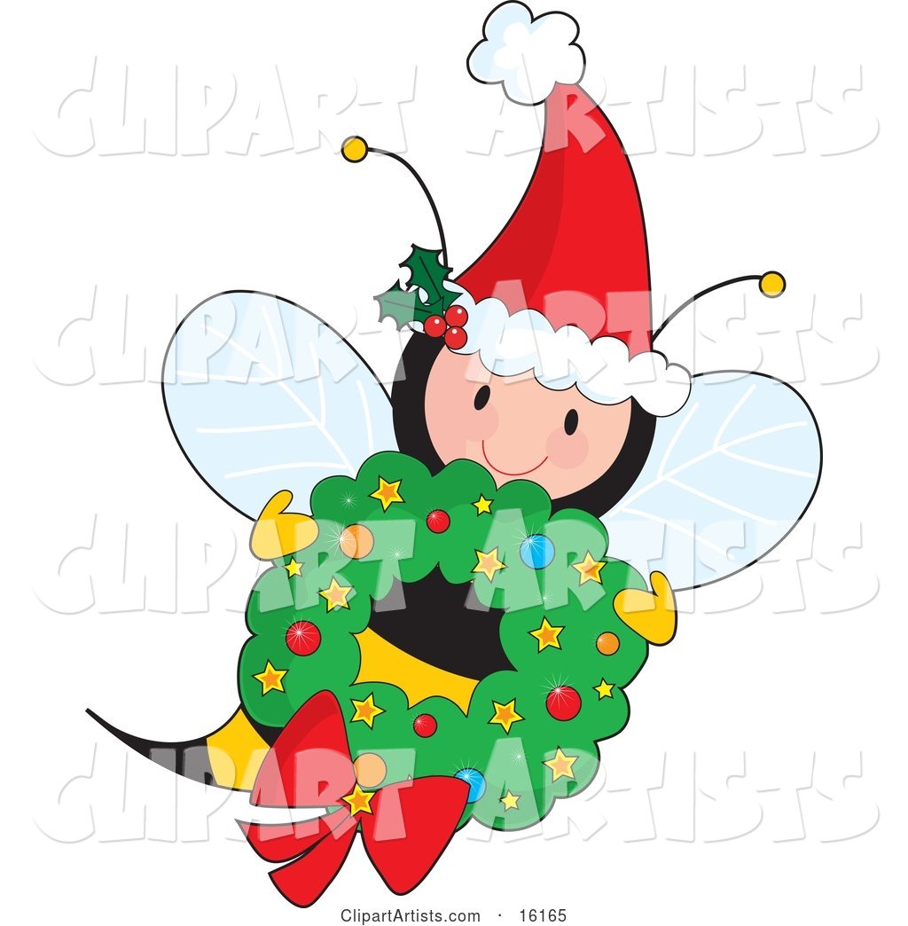 Cute Female Honey Bee Wearing a Santa Hat with Ivy and Flying with a Christmas Wreath