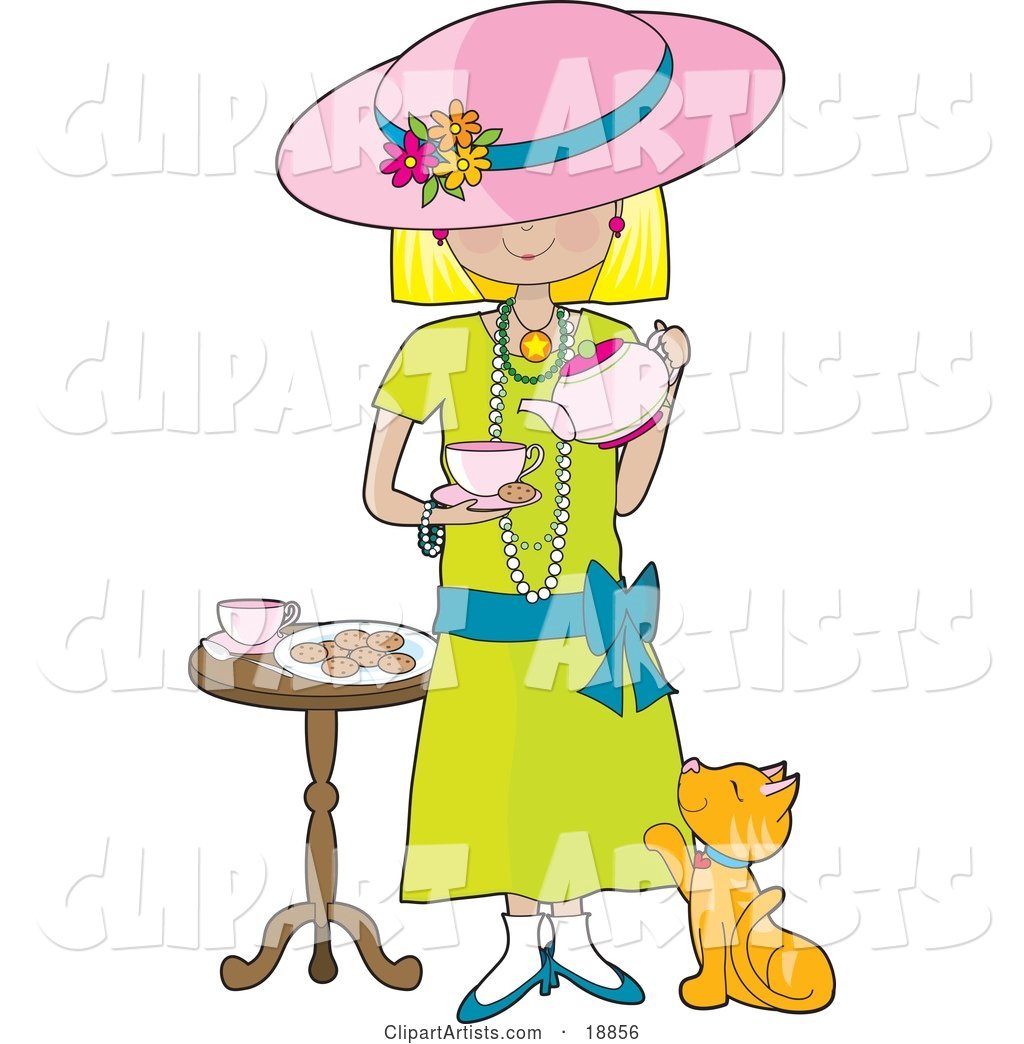 Cute Little Blond Caucasian Girl Dressed in Her Mother's Clothes and Pouring a Cup of Tea into a Cup While a Marmalade Cat Looks up at Her, Waiting for a Treat