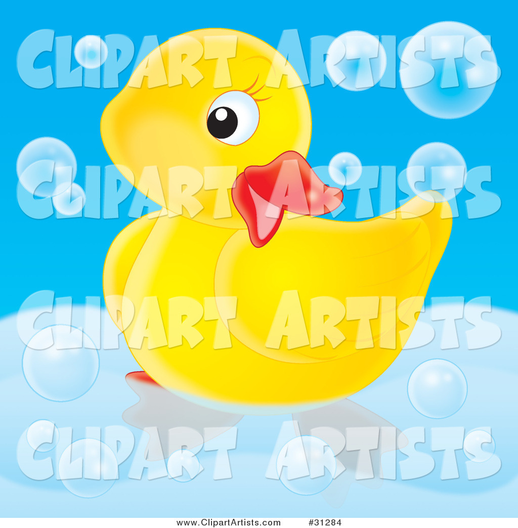 Cute Yellow Rubber Duck Posing in a Tub, Surrounded by Bubbles, on a Blue Background