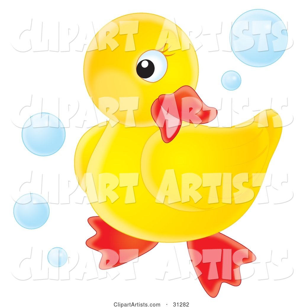 Cute Yellow Rubber Ducky Posing on a White Background, Surrounded by Blue Bubbles