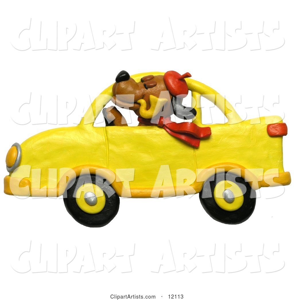 Dog with Hat, Pipe and Scarf, Driving a Yellow Car
