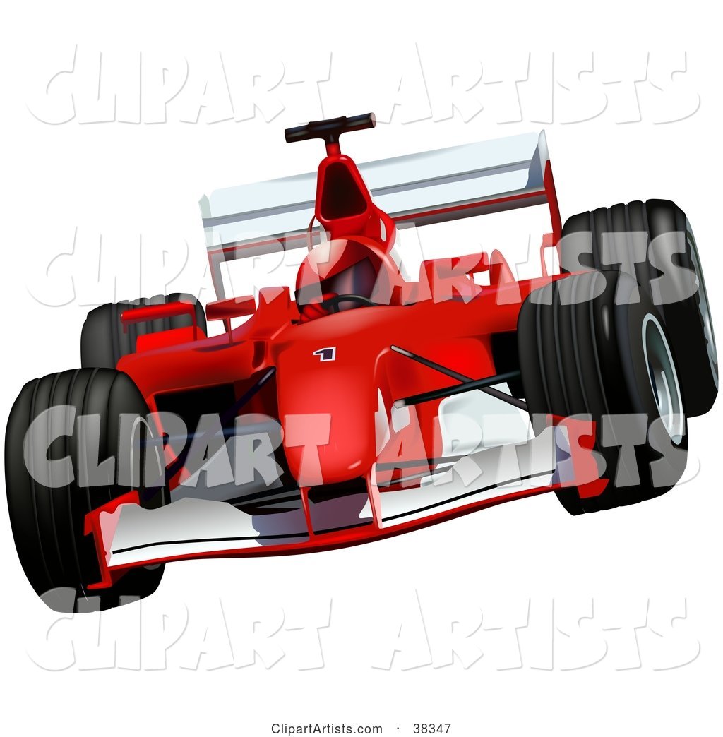 Driver in a Helmet, Racing a Red Ferrari F2002 Race Car