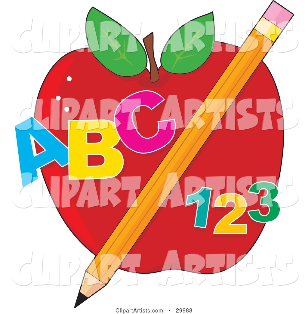 Educational Red Apple with a Yellow Pencil, Abc and 123