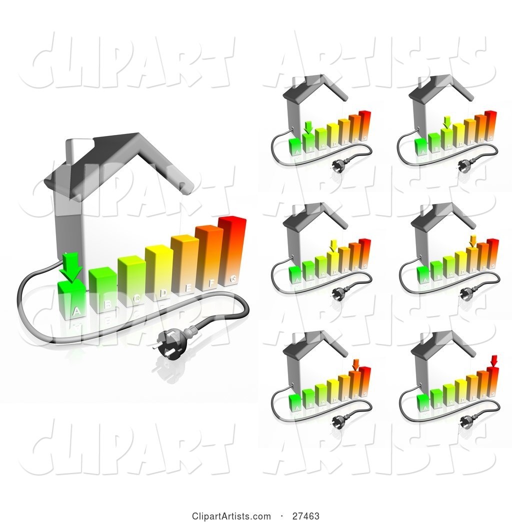 Electrical Cables Coming from Houses with Bar Graphs Showing Different Energy Usage Ranging from Low Use to High Use