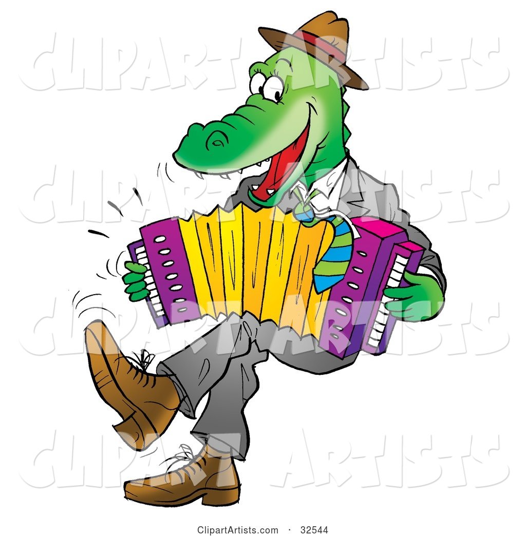 Energetic Alligator Wearing Clothes, Dancing and Playing an Accordion