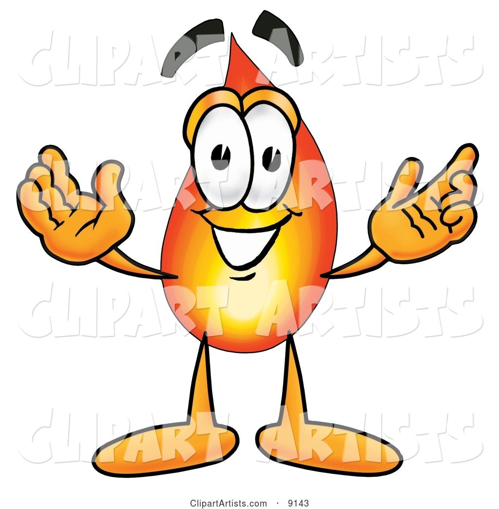 Flame Mascot Cartoon Character with Welcoming Open Arms