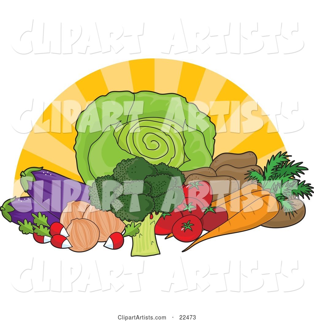 Food Still Life of Iceberg Lettuce, Broccoli, Radishes, Onions, Eggplants, Tomatoes, Potatoes and Carrots with a Surnburst Background