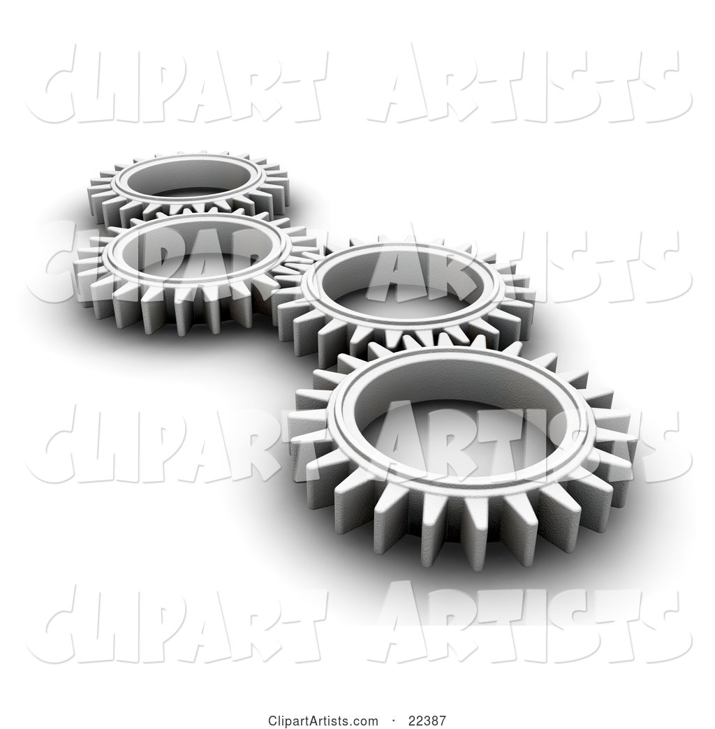 Four Chrome Cogs Lying down Flat, Spinning in Tandem