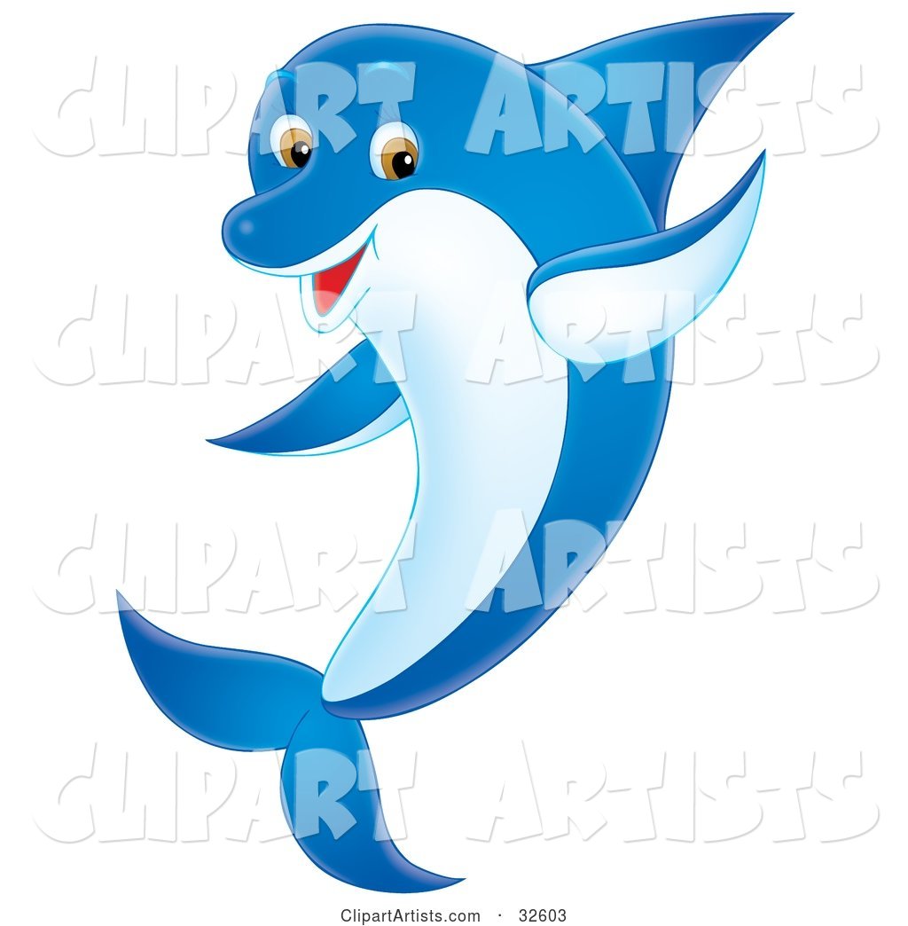 Friendly Blue Dolphin with a White Belly and Brown Eyes, Waving with One Fin