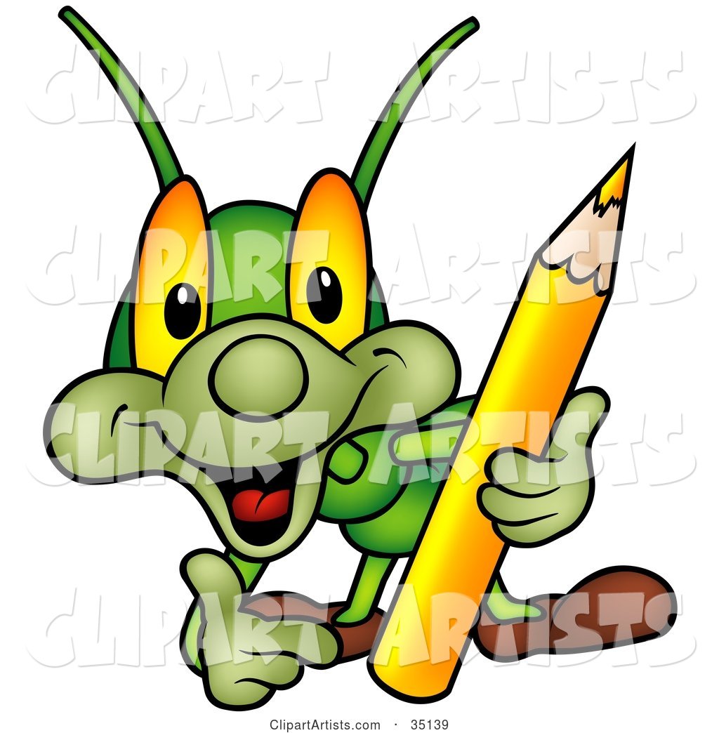 Friendly Green Artistic Cricket Holding a Yellow Colored Pencil