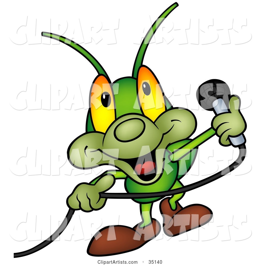 Friendly Green Cricket Holding a Microphone
