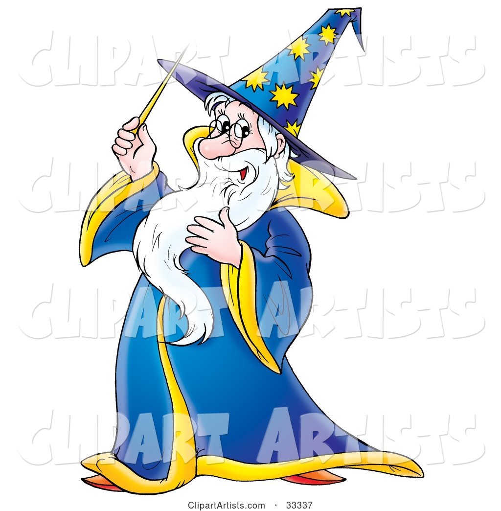 Friendly Male Wizard in a Blue and Yellow Hat and Cape, Holding a Magic Wand