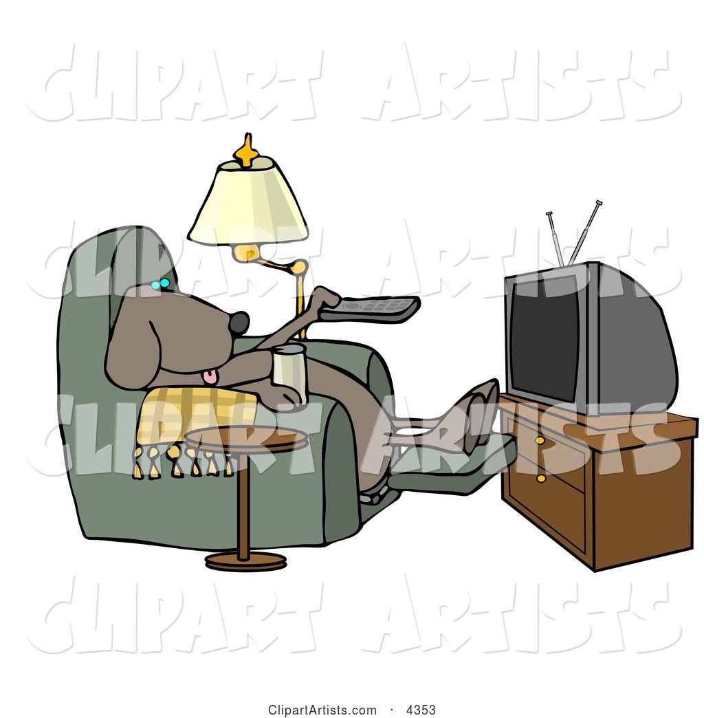Funny Dog Sitting in a Recliner with a Beer, Changing TV Channels with Remote Controller