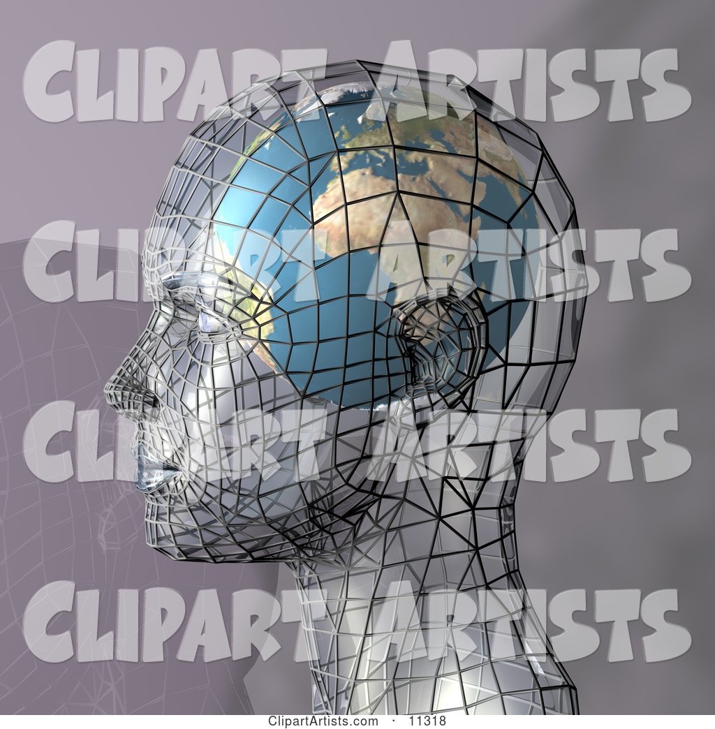 Futuristic Human Head in Profile with a Globe Inside the Brain