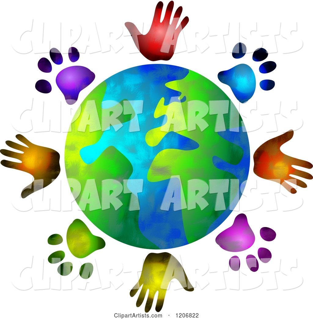 Globe Circled by Diverse Hand and Paw Prints
