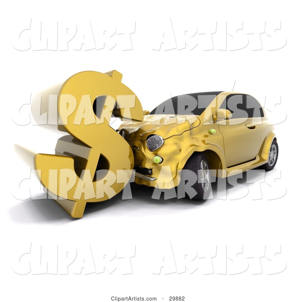 Gold Car Crashing into a Large Dollar Sign, Symbolizing Auto Insurance Claims or a Crashing Economy