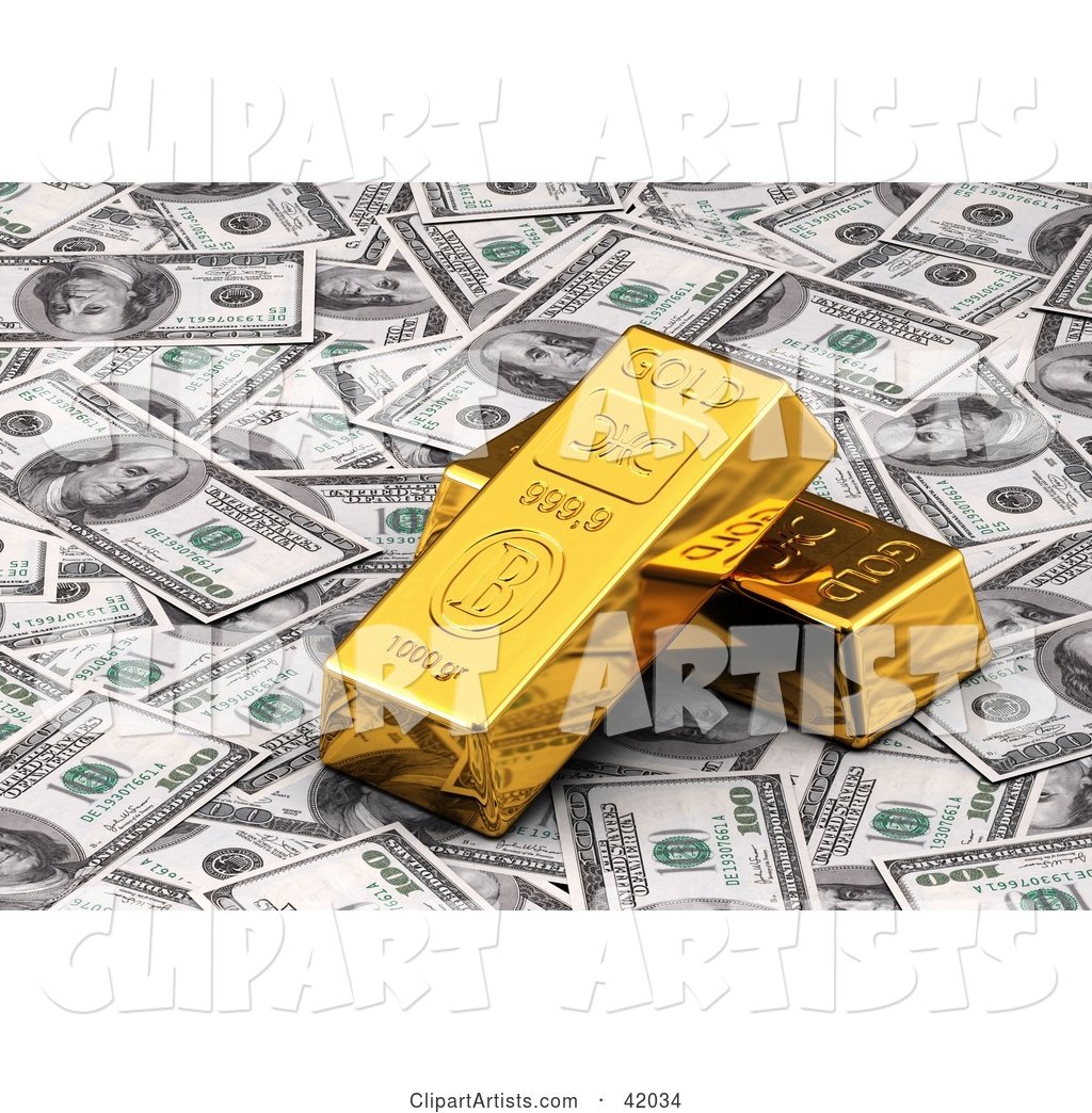 Golden Bars Resting on Bank Notes