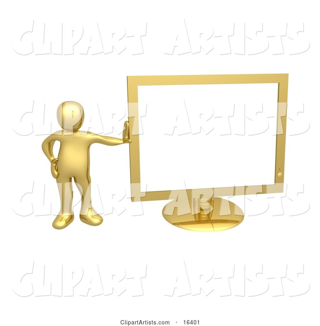 Golden Person Leaning Against a Gold Flat LCD Computer Screen Monitor