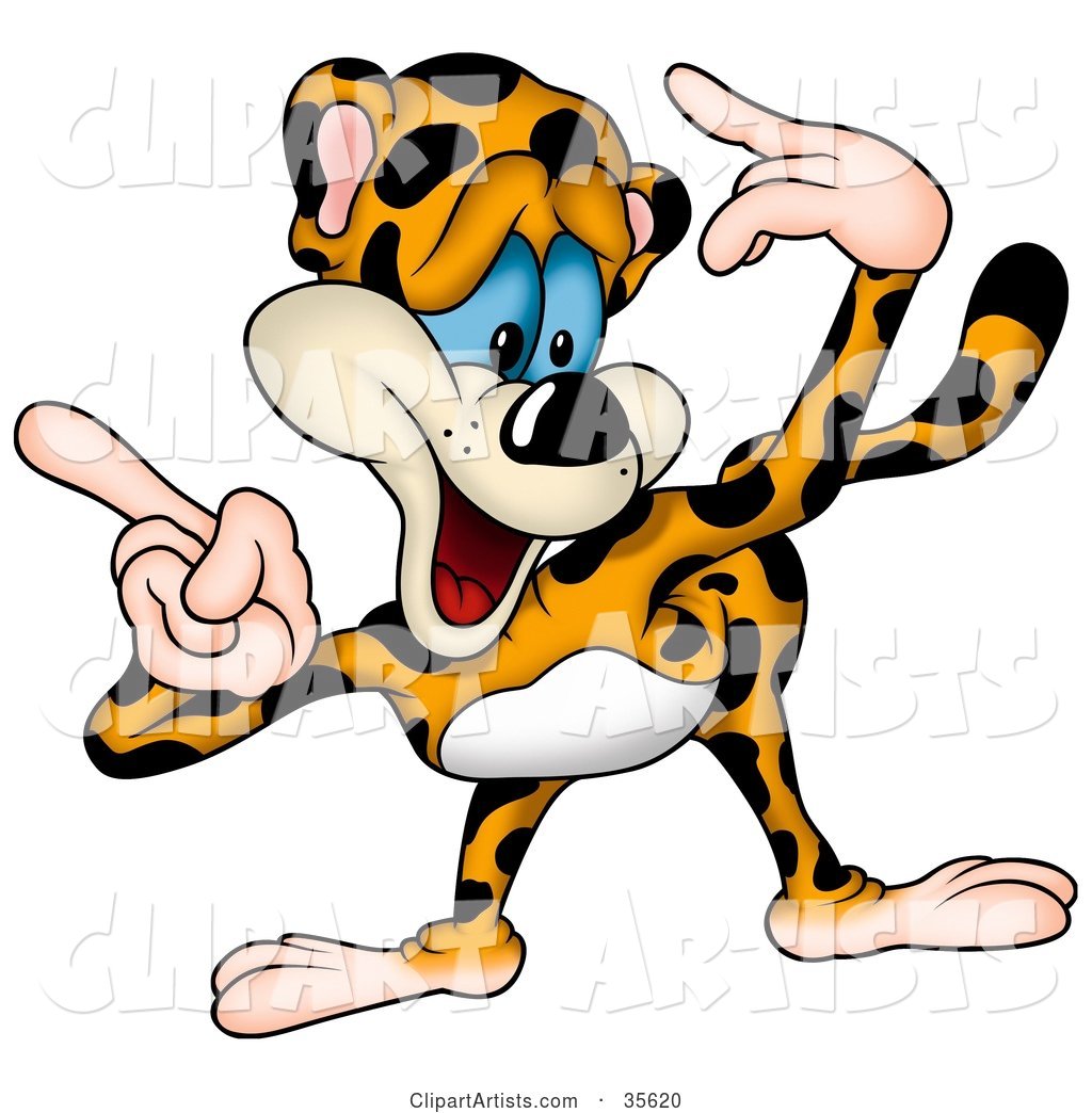 Goofy Leopard Bending Forward and Pointing to the Left with Both Hands