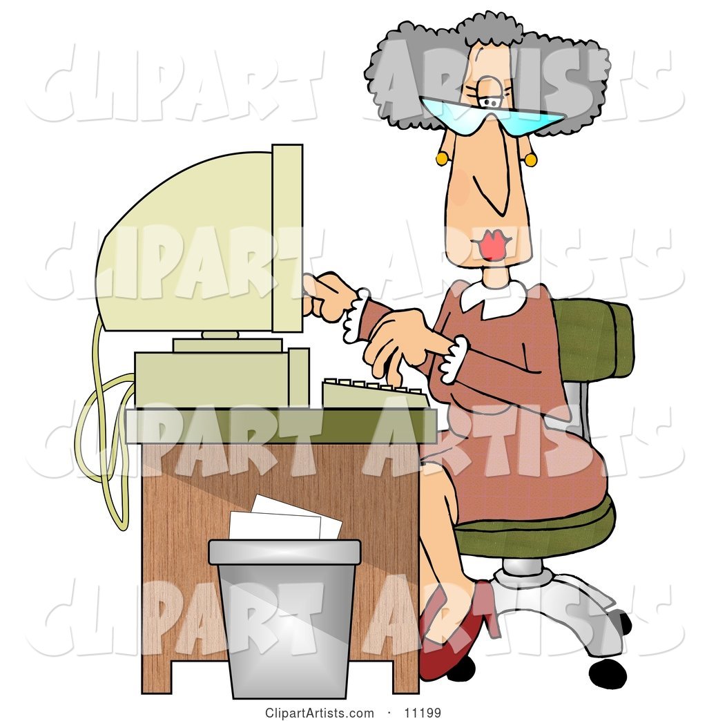 Gray Haired Secretary Woman Working at a Computer Desk in an Office