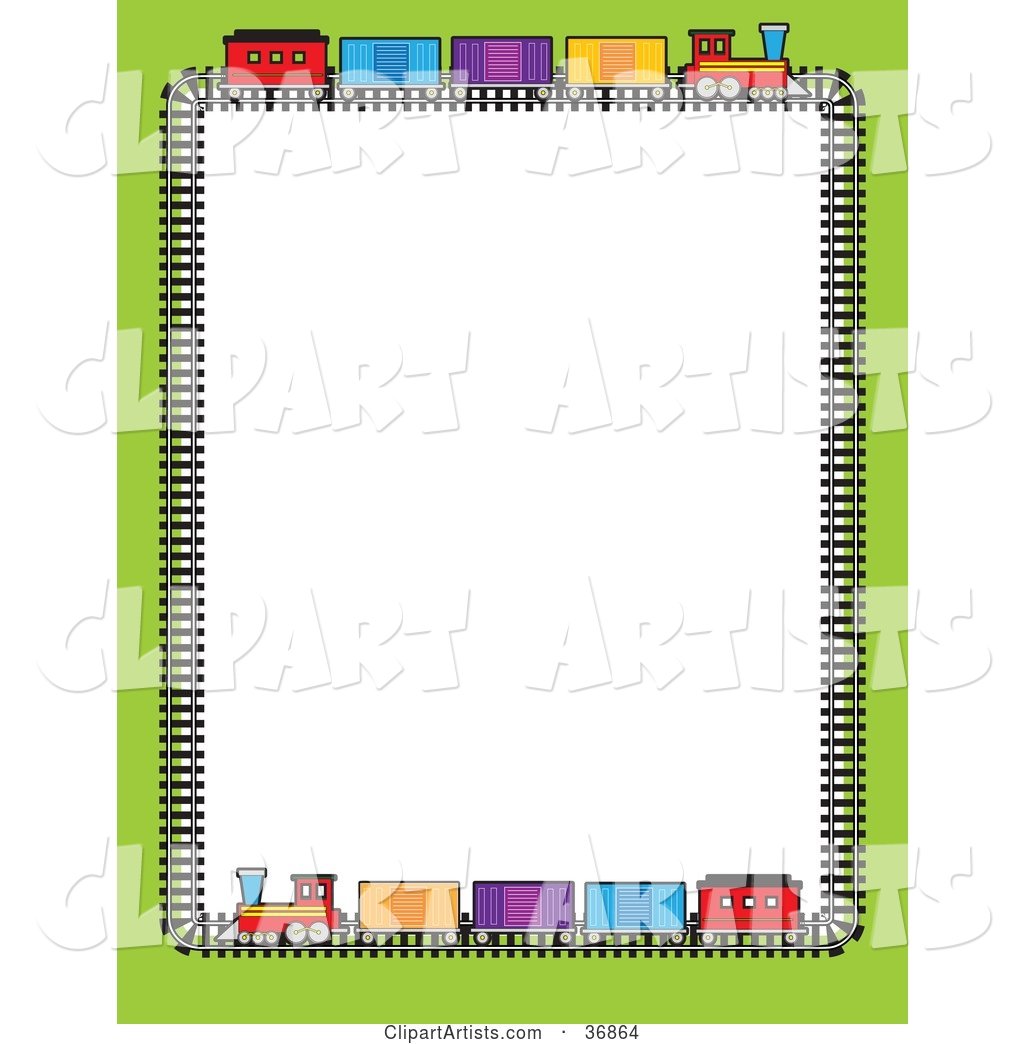Green Border with Colorful Train Box Cars on a Track, Bordering a White Background