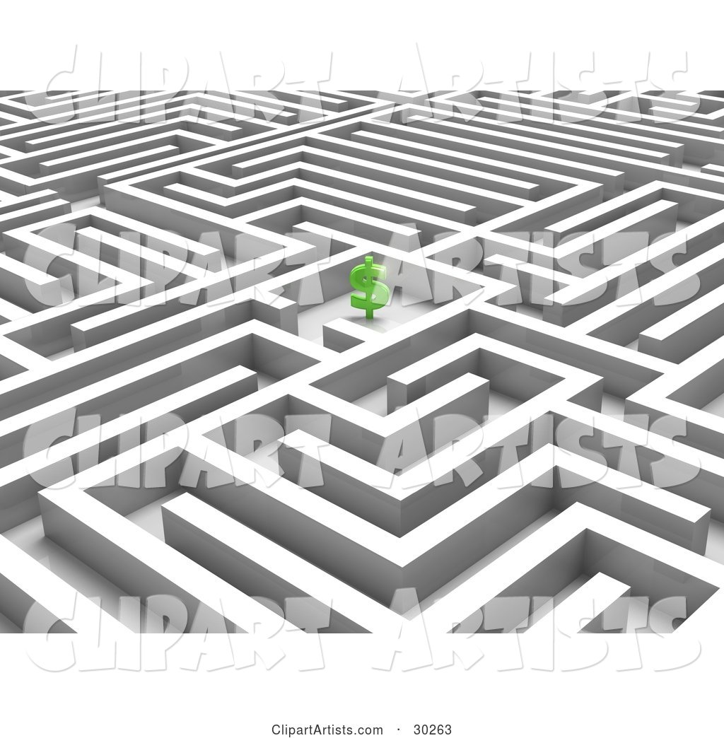 Green Dollar Symbol in the Center of a White Maze, Symbolizing Incentives and Savings