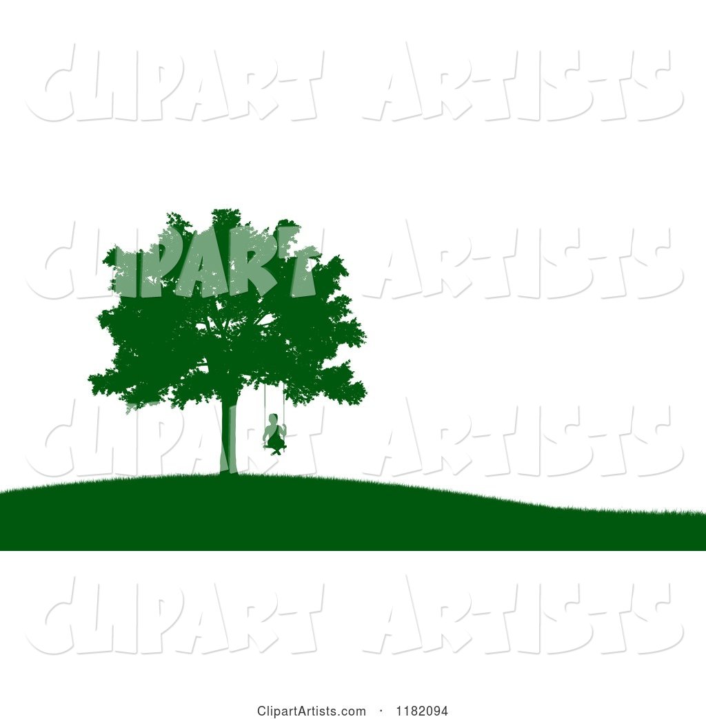 Green Silhouetted Boy on a Tree Swing on a Hill, over White