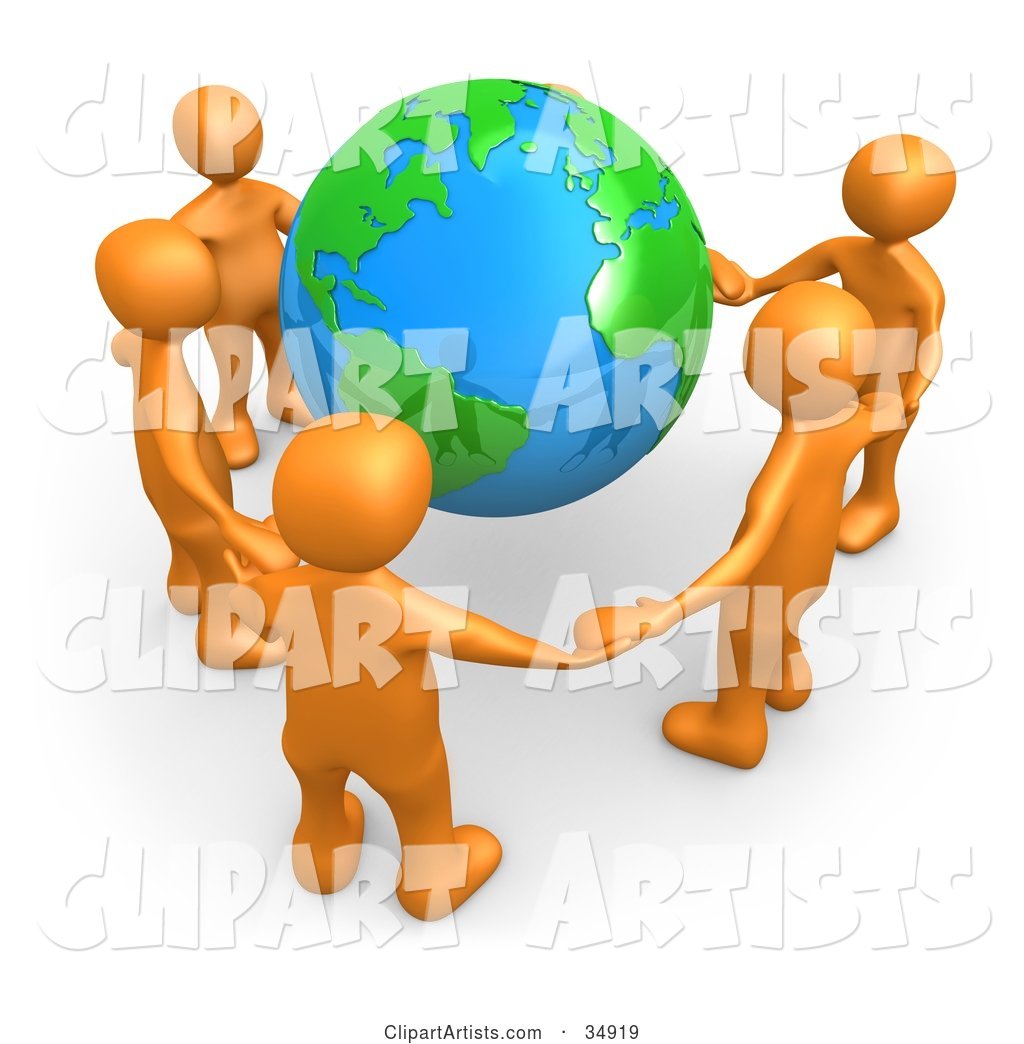 Group of Five Orange People Holding Hands Around a Shiny Globe