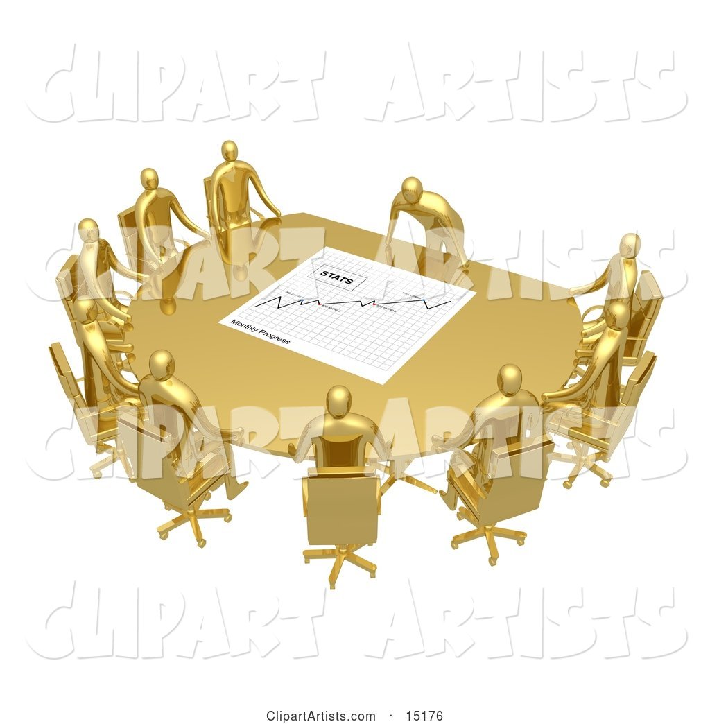 Group of Gold People Seated and Holding a Meeting at a Golden Conference Table While the Boss Reviews a Financial Chart