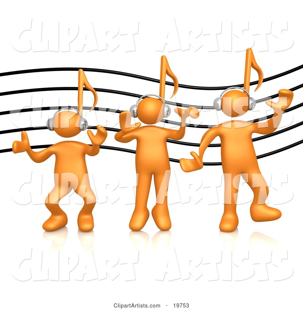 Group of Three Orange People with Music Note Heads, Listening to Headphones over a Music Staff