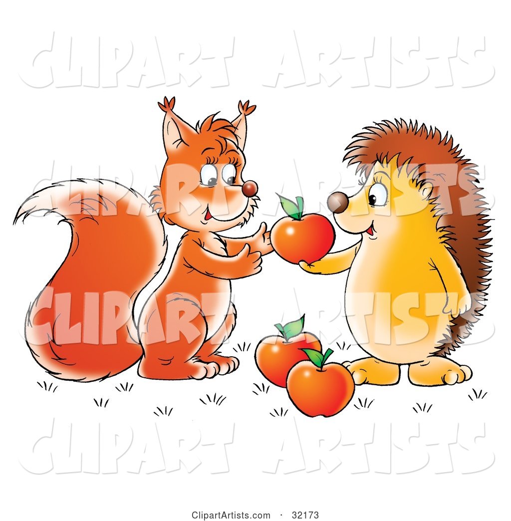 Hedgehog Sharing Apples with a Friendly Squirrel