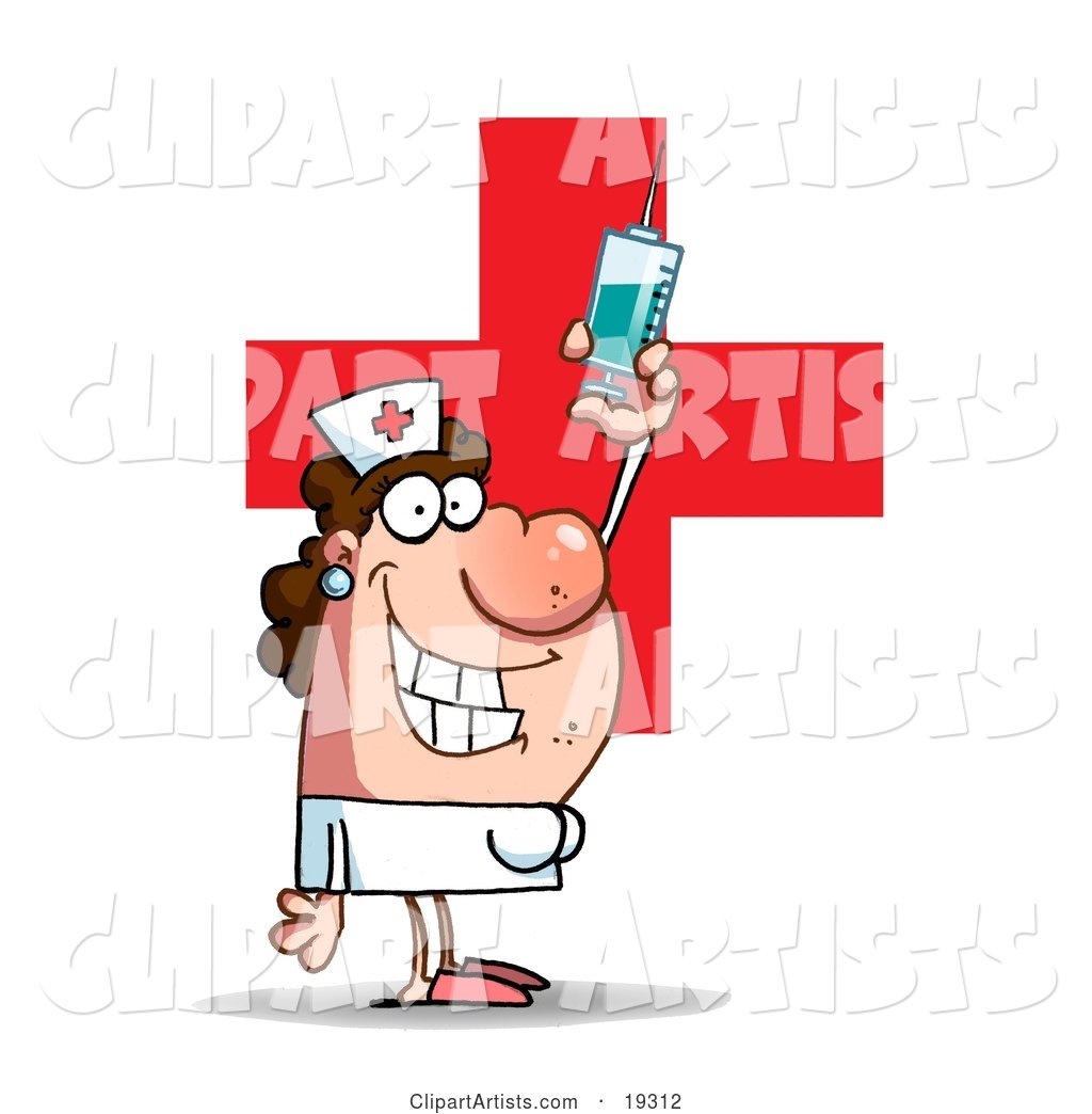 Lady Nurse in a White Uniform, Standing in Front of a Big Red Cross and Holding up a Big Needle and Syringe of Medicine