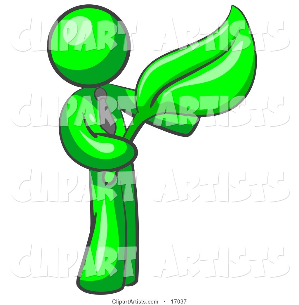 Lime Green Man Holding a Green Leaf, Symbolizing Gardening, Landscaping or Organic Products