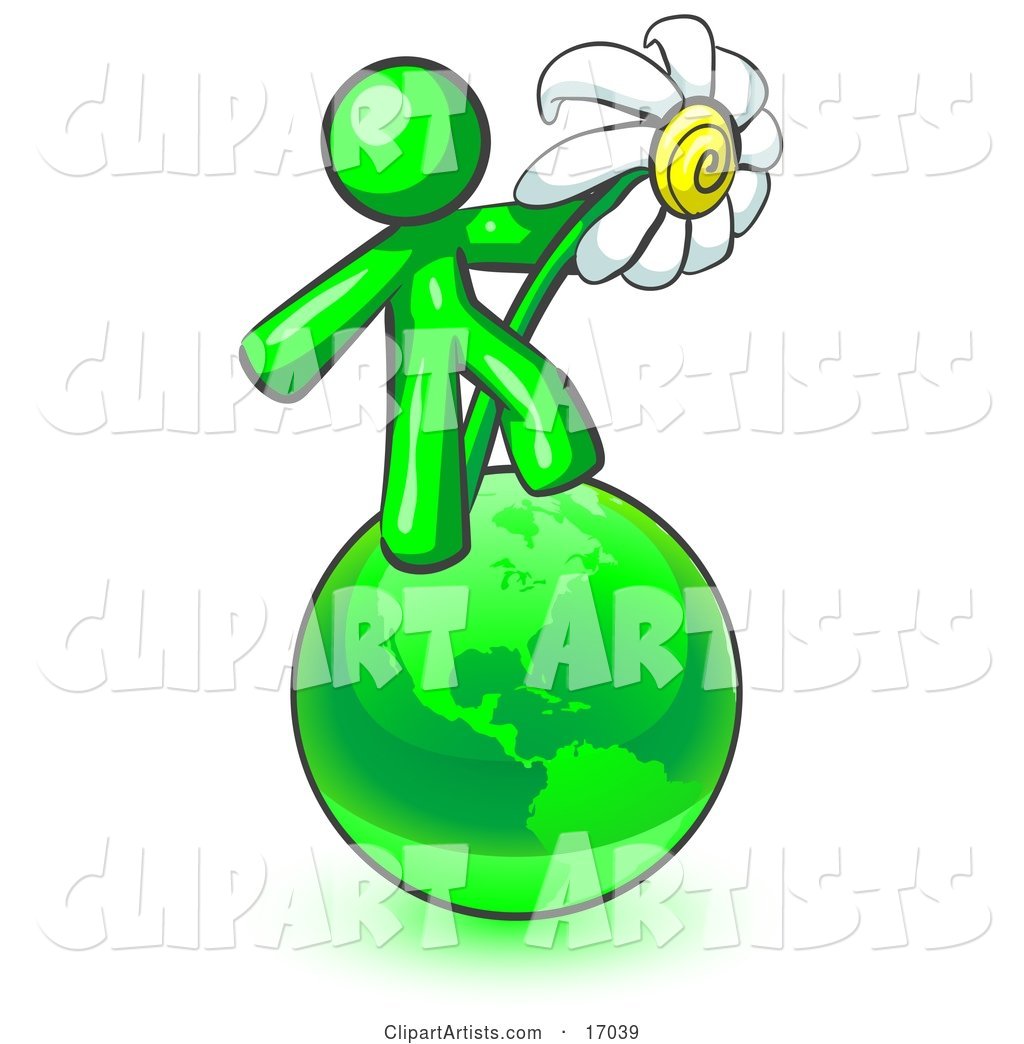 Lime Green Man Standing on the Green Planet Earth and Holding a White Daisy, Symbolizing Organics and Going Green for a Healthy Environment