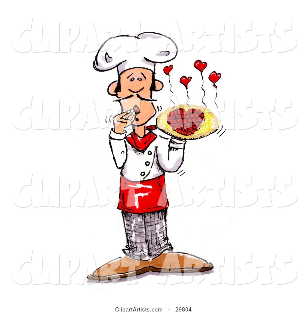Male Chef Covering His Mouth and Presenting a Pizza with Pepperoni Slices Forming a Heart, Little Hearts Steaming from the Top