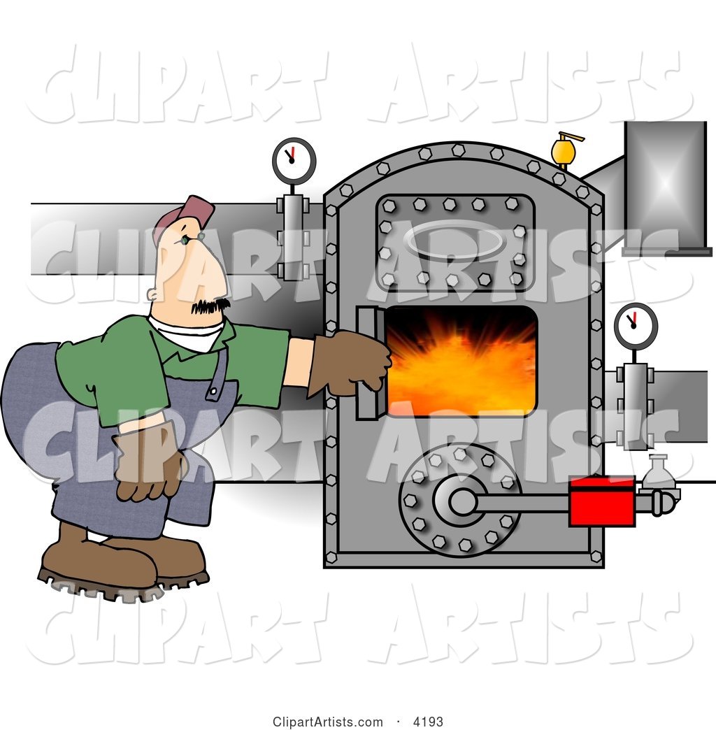 Man Opening the Door of a Hot Boiler with Valves