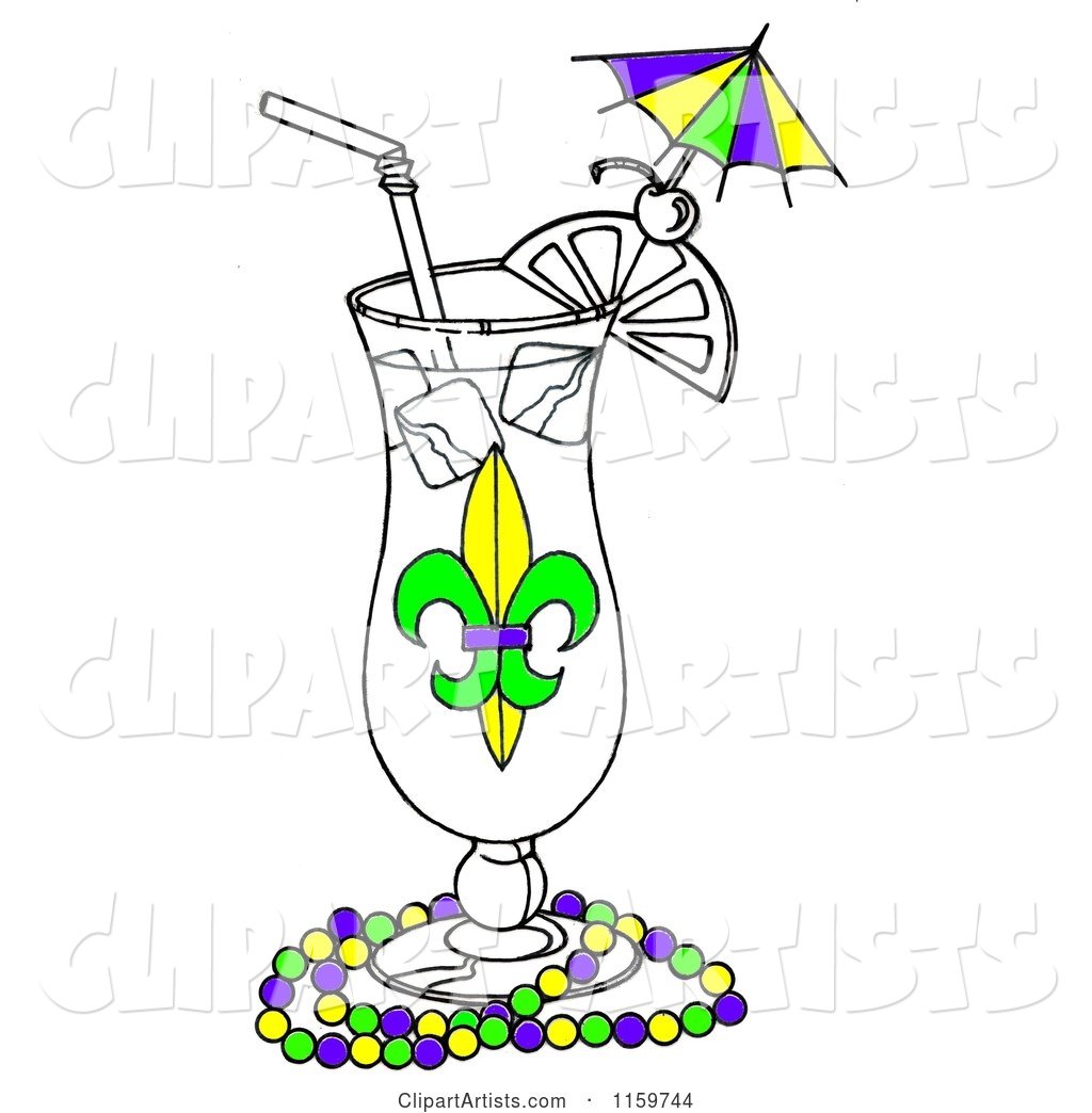 Mardi Gras Cocktail in a Hurrcane Glass with Beads