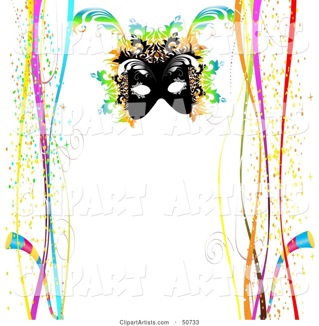 Mardi Gras Mask on a White Background with Borders of Confetti and Ribbons